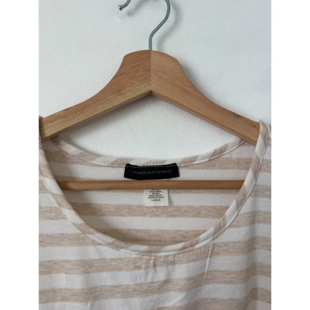 American City Wear Women's Tan and White Striped Short Sleeve Top – Size Large - Picture 2 of 3
